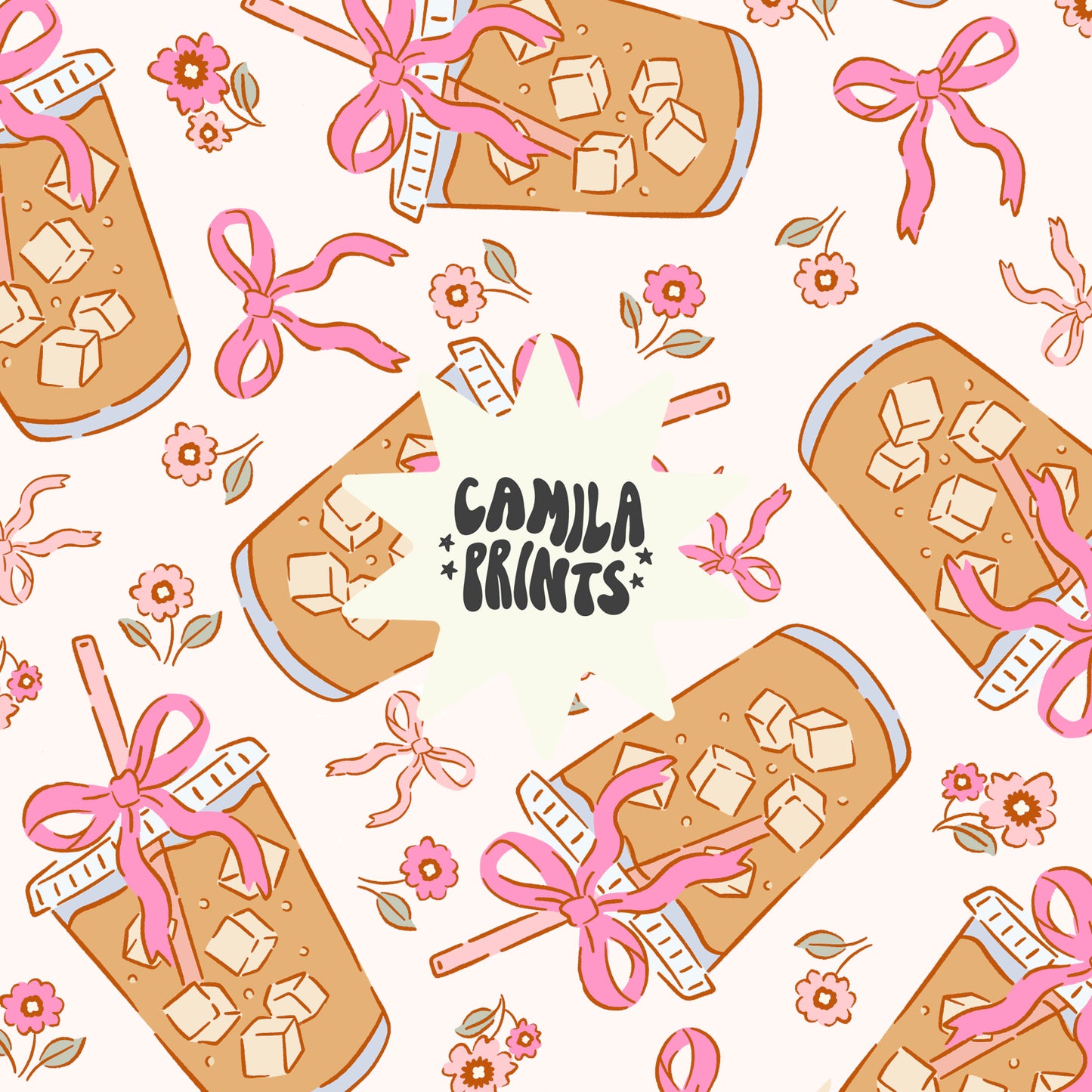 Iced Latte and Bows Seamless Pattern